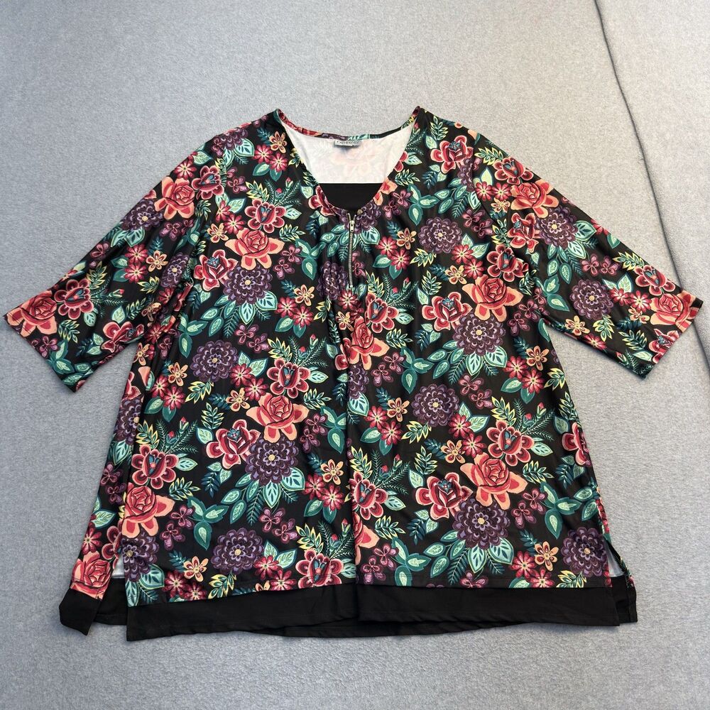 Catherines Womens 3X 26/28 Floral Tunic Top Black Zip Front Boho Artsy 3/4 Slv